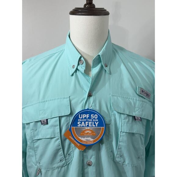 NWT Mens Columbia PFG Bahama II Long Sleeve Shirt Fishing Outdoors Aqua Blue M - Picture 2 of 4